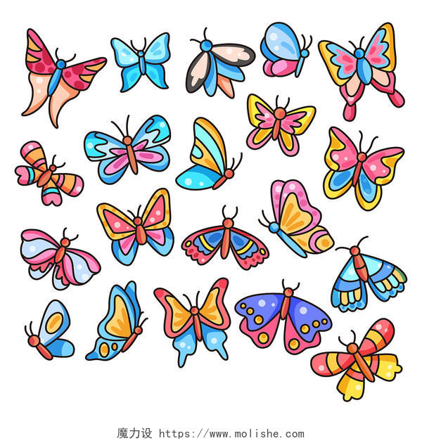 卡通动物蝴蝶五彩组合套图插画素材png
